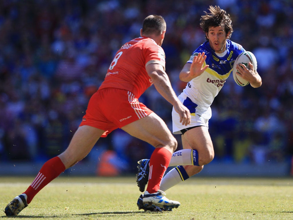 Long run: Stefan Ratchford scored a try from deep in Warrington's half