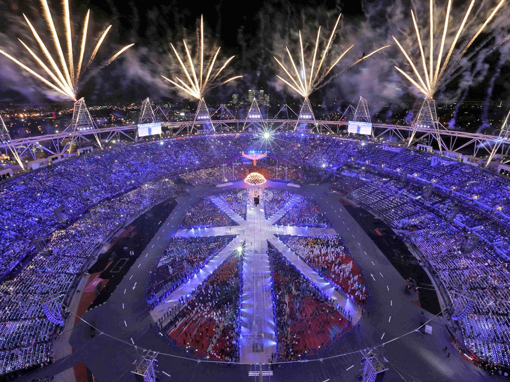 August 12, 2012: Fireworks explode during the closing ceremony of the London 2012 Olympic Games at the Olympic Stadium