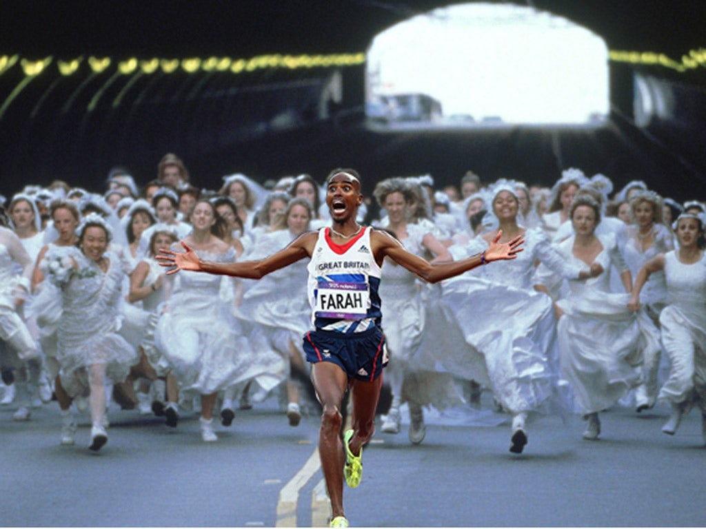 Mo Farah runs away from a herd of marauding brides