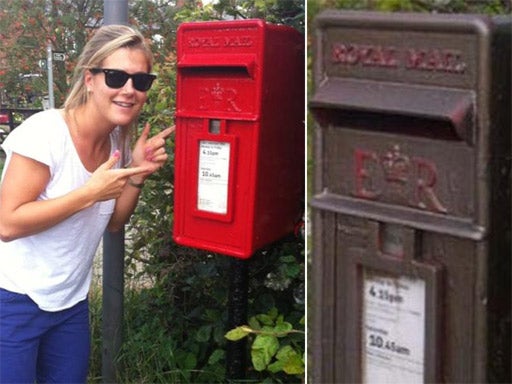 Team GB hockey star Georgie Twigg with the repainted postbox in Doddington, which had been bronze, right