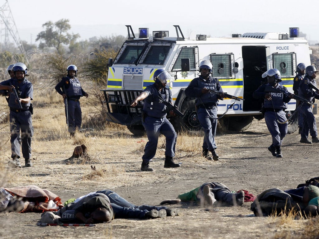 Riot police at the Markikana mine yesterday