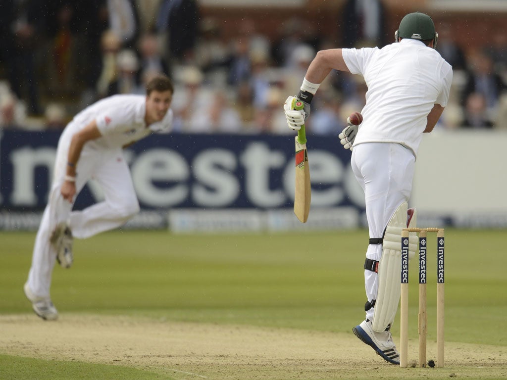 A delivery from Steven Finn flicks Jacques Kallis' glove but his hand is off the bat