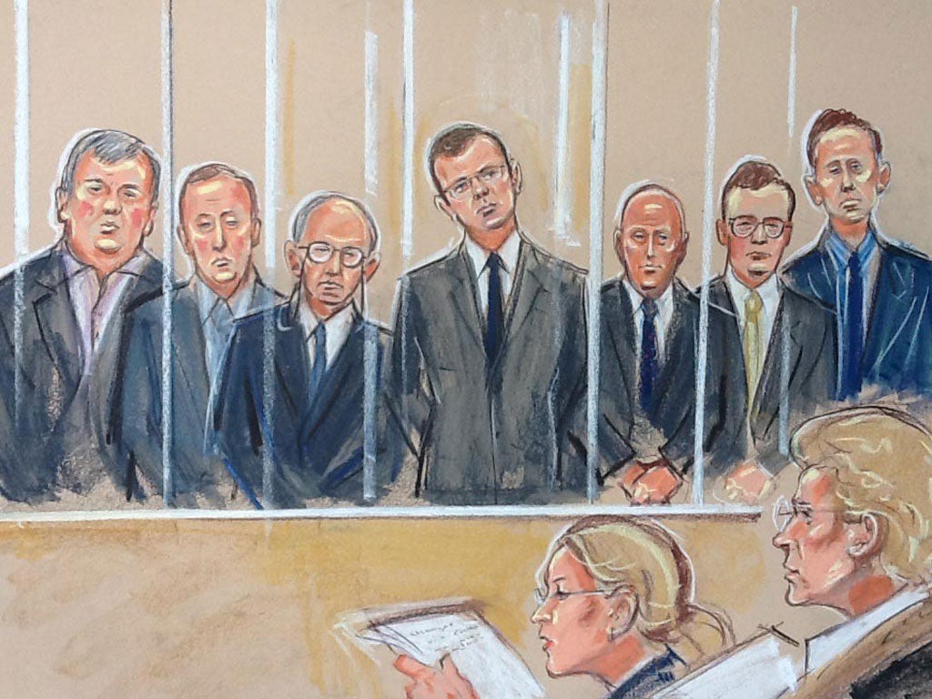 A court drawing shows, L-R: Miskiw, Thurlbeck, Kuttner, Coulson, Edmondson, Weatherup and Mulcaire in the dock