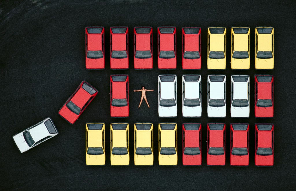 The view from above: Crawford borrowed 24 new Subarus and spaced them out using string