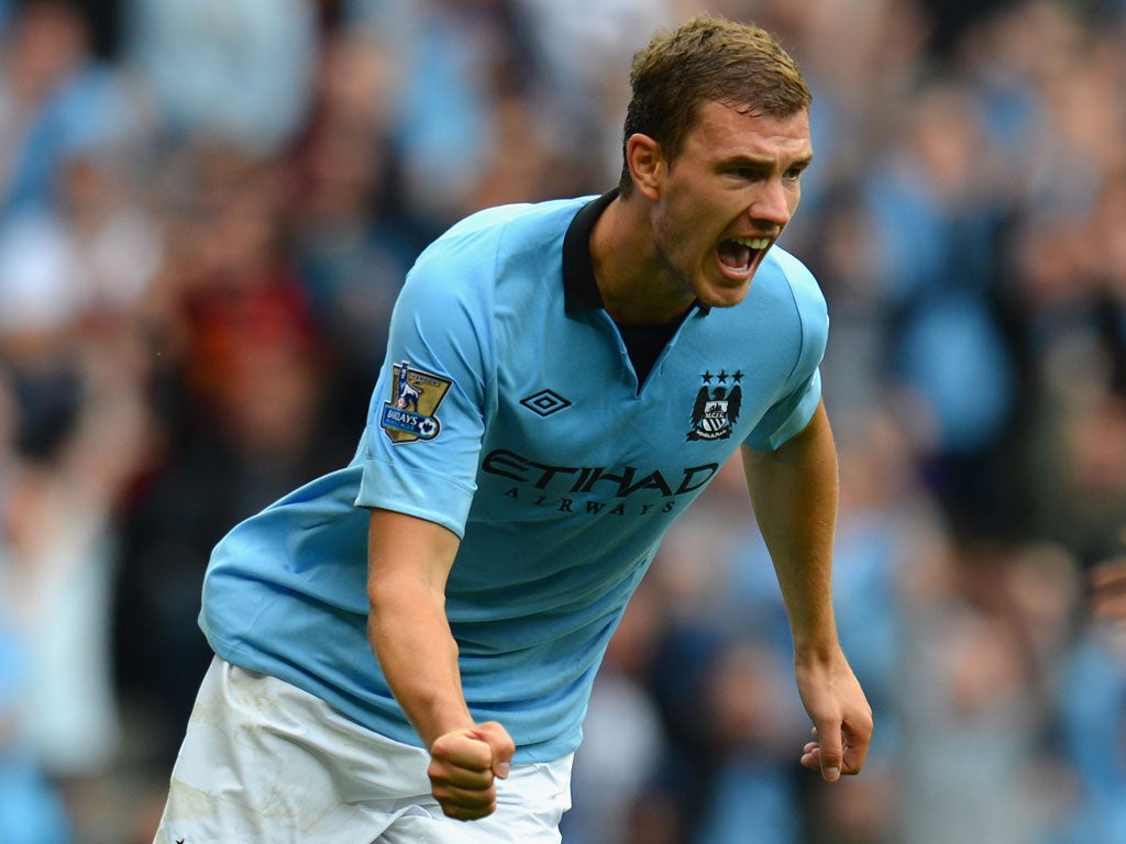 Edin Dzeko celebrates scoring his side's equaliser