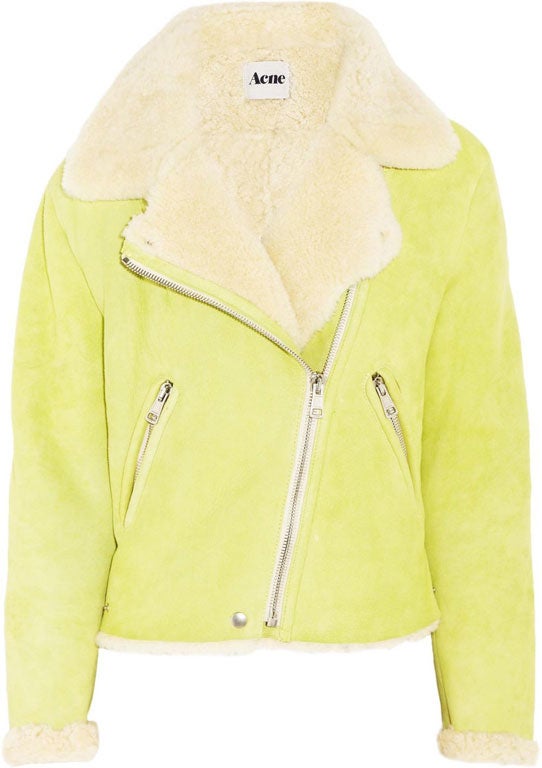 We love: Flying colours - From Hayworth to Fairclough the name Rita conjures up a lady of distinctive style. Acne's shearling flying jacket - updated in acid brights for the new season - certainly meets the criteria of the moniker. Acne, net-a-porter.com