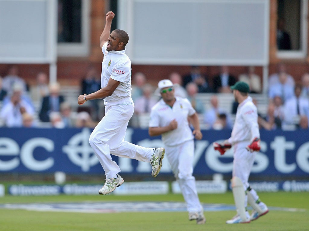 Vernon Philander of South Africa celebrates dismissing Matt Prior