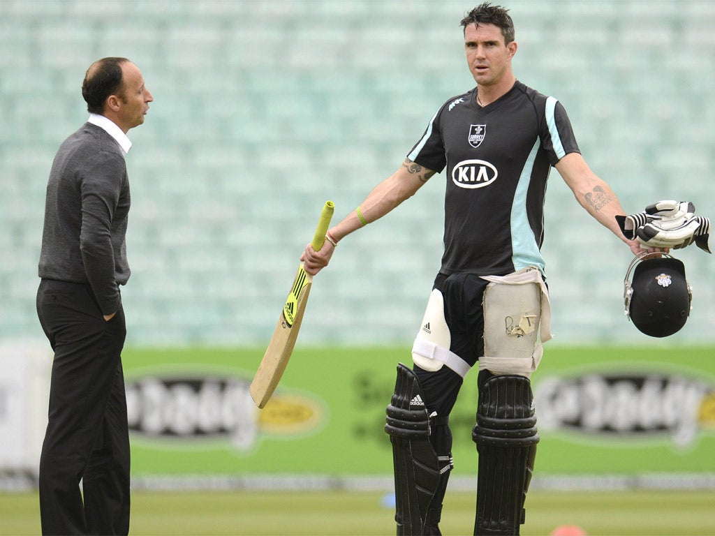 Kevin Pietersen in animated mode with Nasser Hussain yesterday