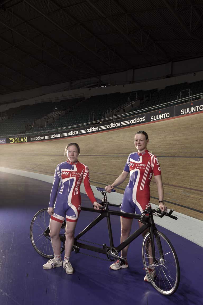 Top-notch tandem: Paracyclist Lora Turnham (left in picture) and her sighted 'pilot', Fiona Dunham, at the Manchester Velodrome