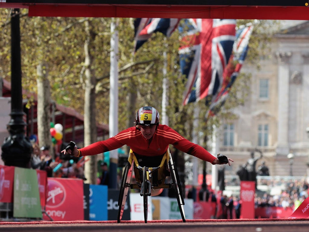 Freewheeling: Shelly Woods wins this year's London Marathon on the course where she made her breakthrough