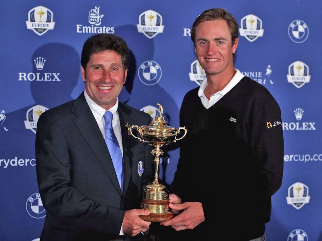 Jose Maria Olazabal (left) and Nicolas Colsaerts pose with the Ryder Cup