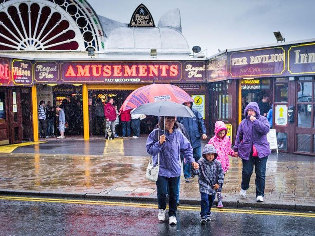 Torrential rain on the Aberystwyth promenade yesterday