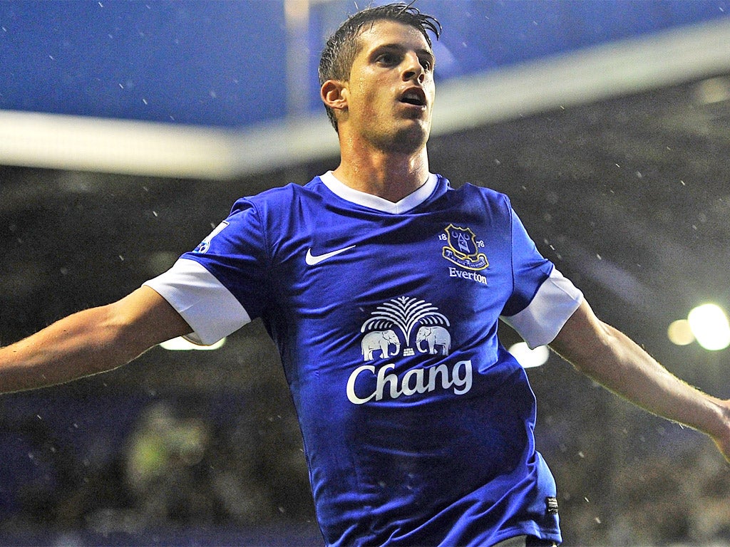 Kevin Mirallas celebrates scoring on his full Everton debut last night