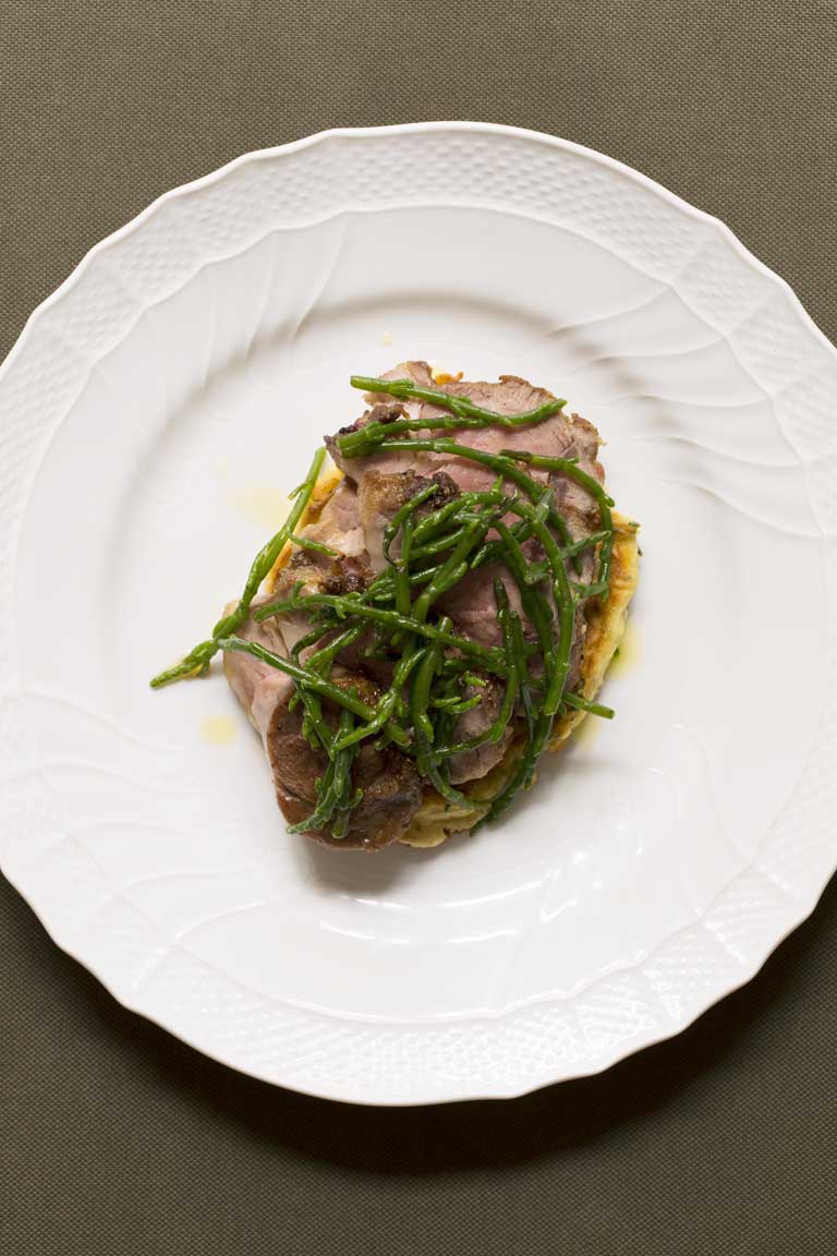 Rump of salt marsh lamb with samphire patties