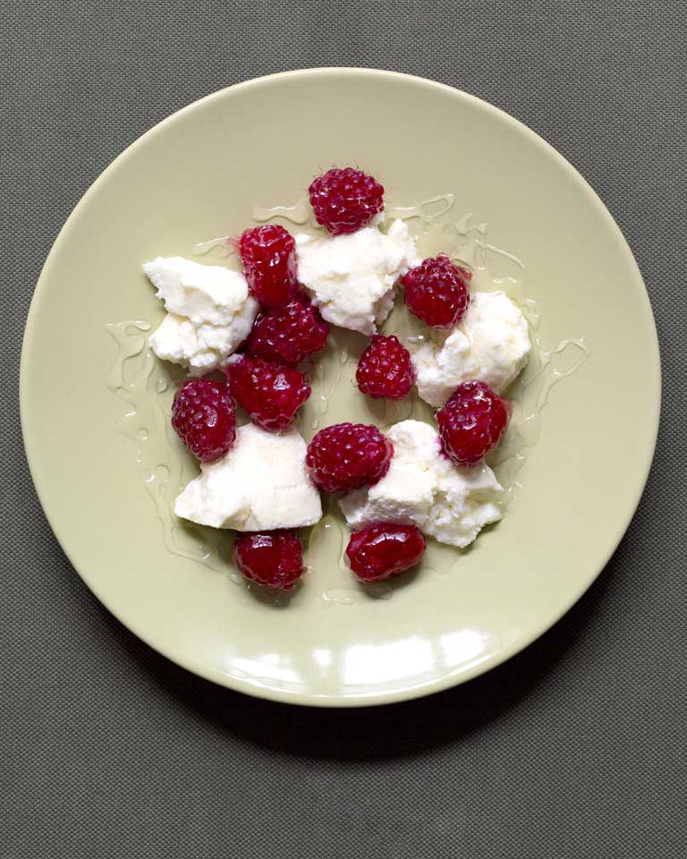 Loganberries with honeyed Westcombe ricotta