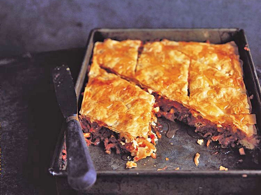 Tomato, feta, almond and date baklava