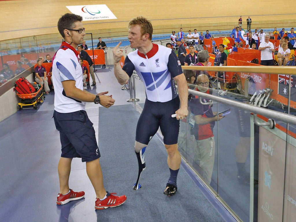 Jody Cundy after being disqualified in the Individual C4-5 1km time trial final