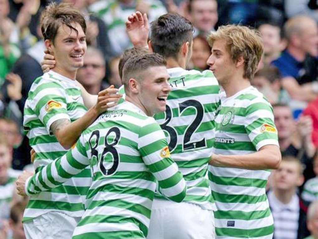 Opening goal: Mikael Lustig scores for the champions in the 11th minute