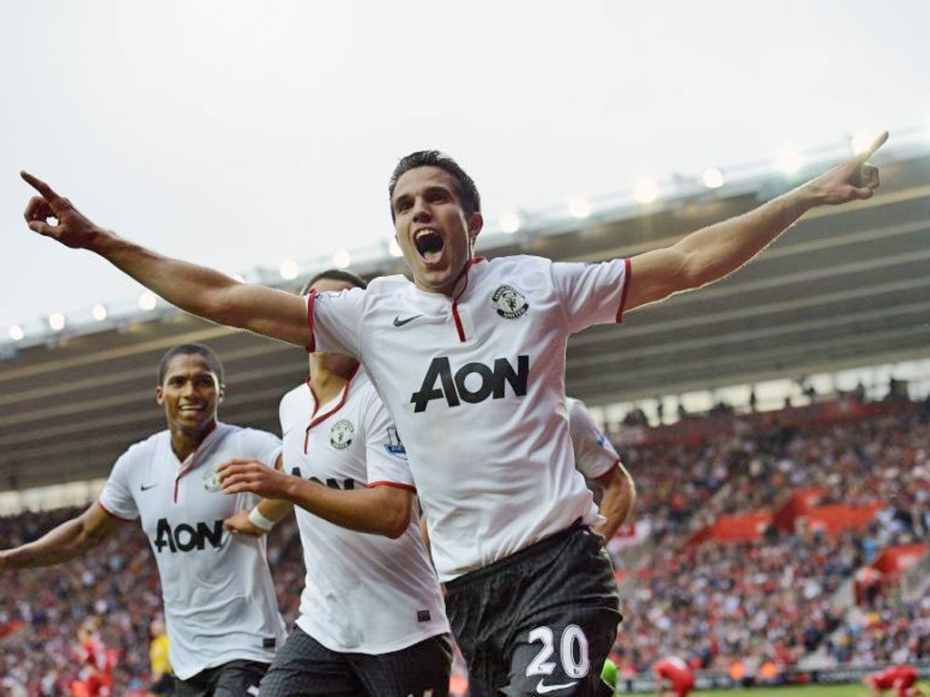 Manchester United's Robin van Persie celebrates after scoring a hat-trick against Southampton