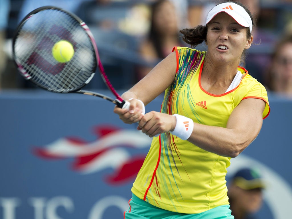 Laura Robson fires a return during yesterday’s defeat