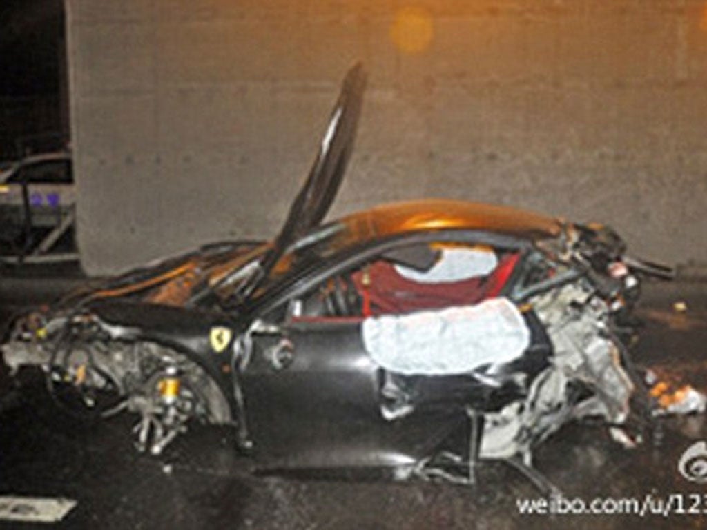 Ling Gu's crashed Ferrari