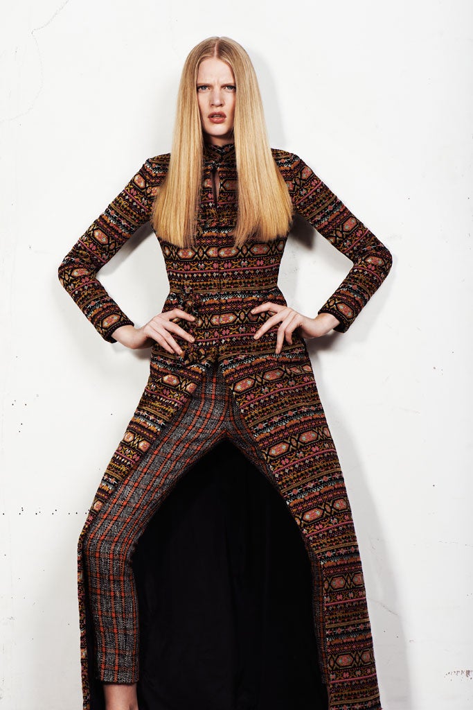 Tapestry coat, £2,960, by Valentino, 174 Sloane Street, London SW1, 020-7235 5855; trousers, £378, by Marni, marni.com