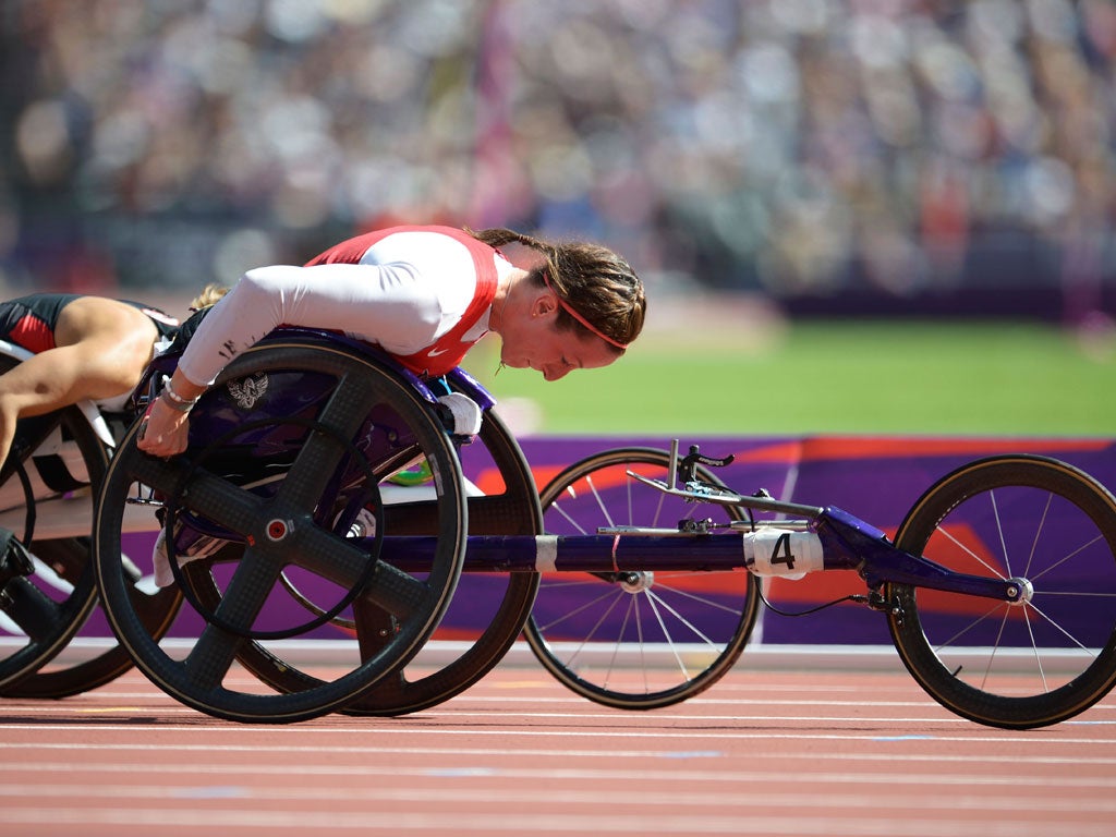 Hot wheels: America's Tatyana McFadden in yesterday's 100m T54 heats