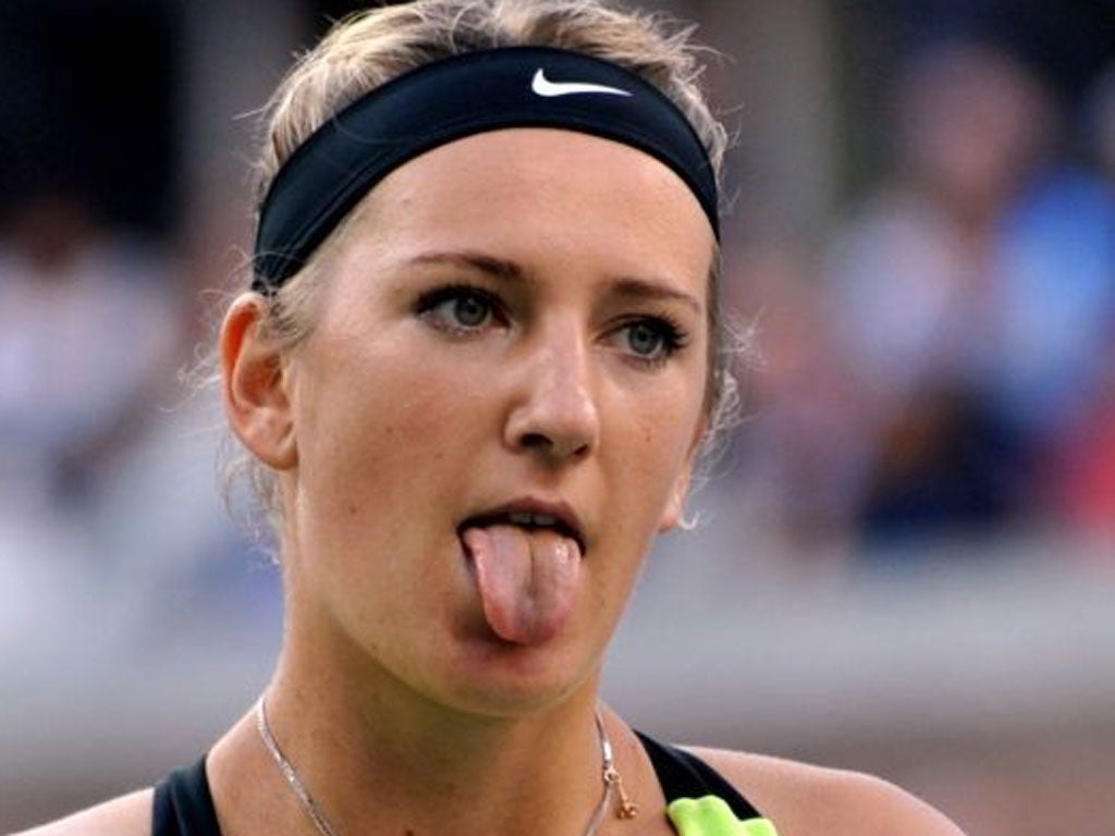 Victoria Azarenka shows her relief at winning a point yesterday