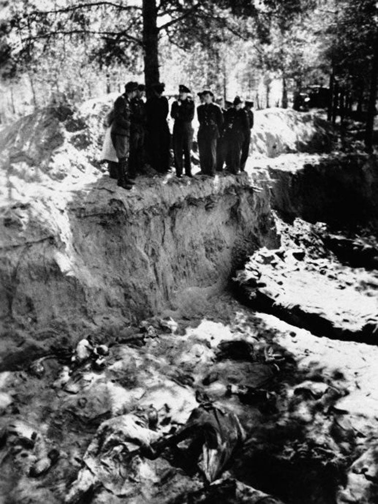 A partially emptied mass grave in the Katyn forest where a massacre of Polish prisoners of war took place