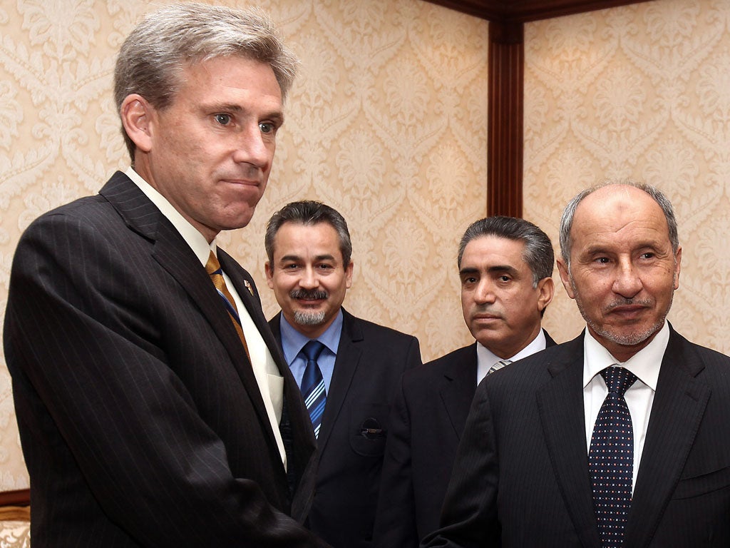 John Stevens with Libyan National Transitional Council (NTC) chairman Mustafa Abdel Jalil in July, shortly after being named US Ambassador to Libya