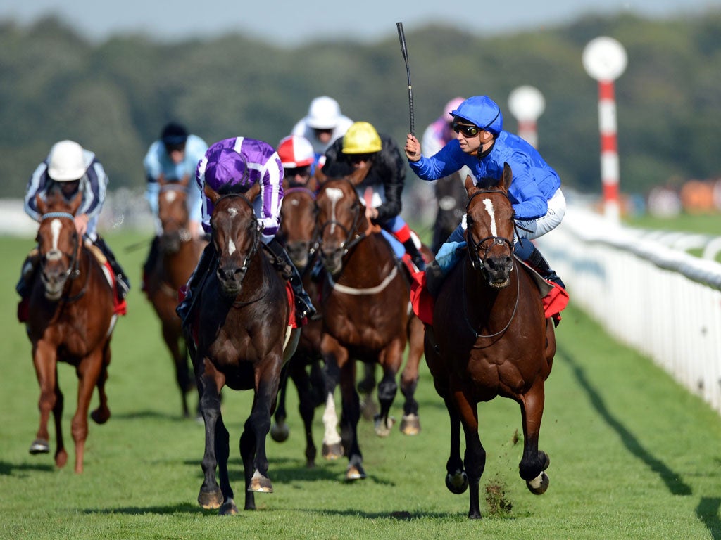 One up to me: Jockey Mickael Barzalona raises his whip to acknowledge his stunning victory on Encke over Camelot (left)