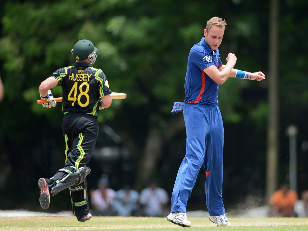 England captain Stuart Broad celebrates dismissing Mike Hussey