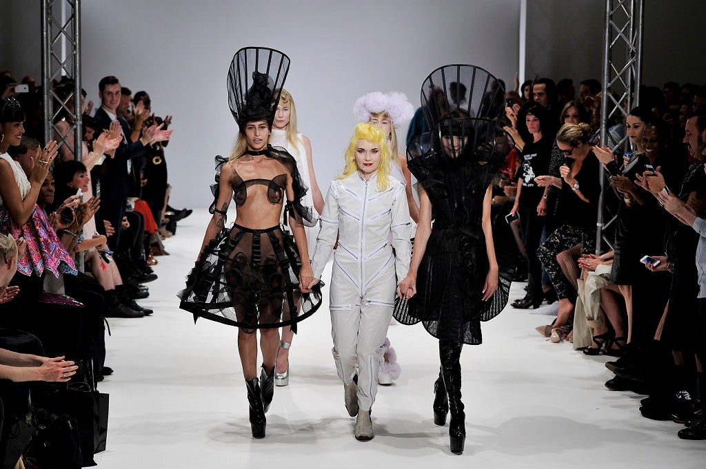 Designer Pam Hogg walks on the catwalk by Pam Hogg on day 4 of London Fashion Week Spring/Summer 2013