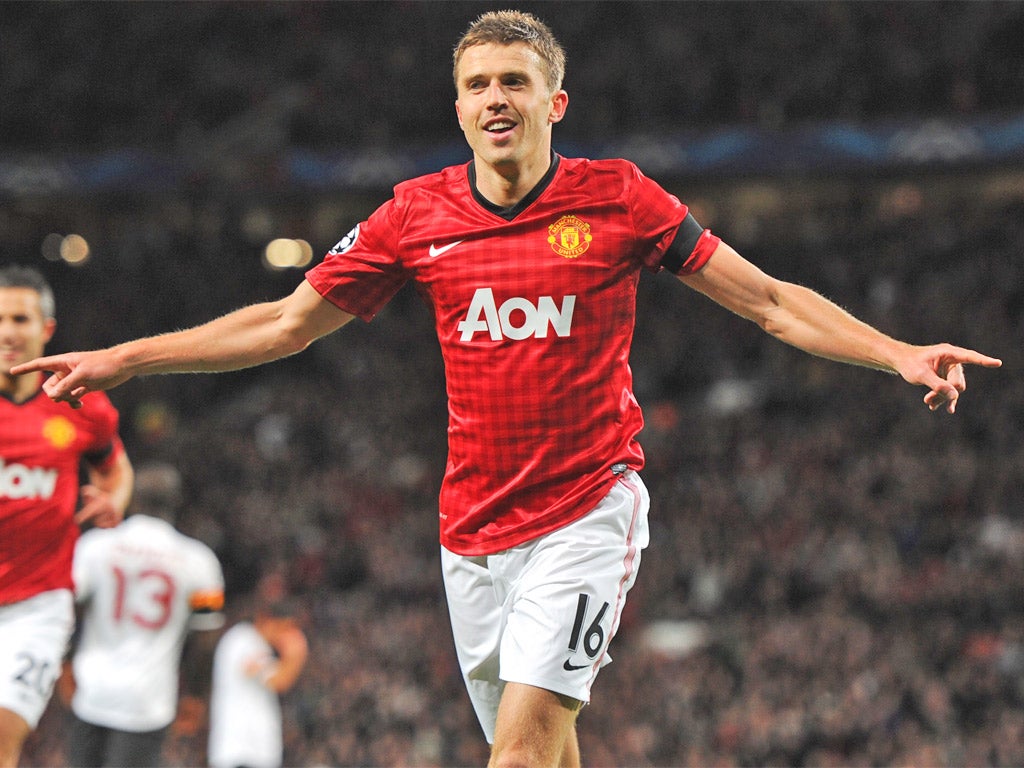 Michael Carrick celebrates scoring United’s opener