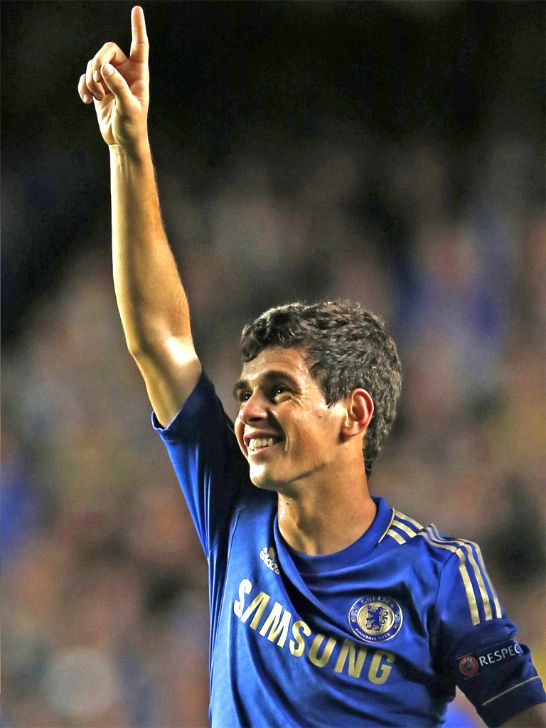 Oscar celebrates after scoring Chelsea's first goal last night