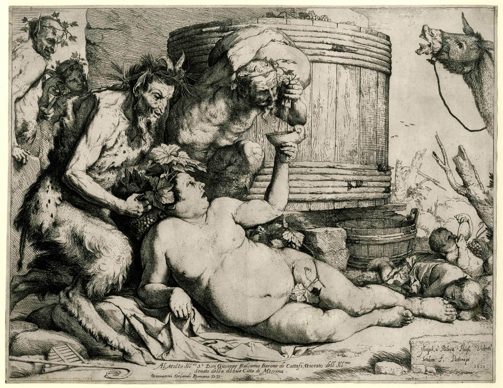 Drunken Silenusa, 1628, Jose de Ribera (1591 - 1652). Etching and engraving 270 x 347 mm. Copyright of the Trustees of the British Museum