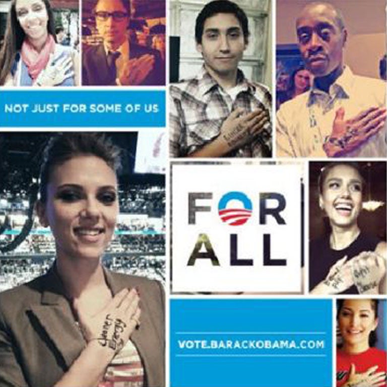 Scarlett Johansson, Jon Hamm with his partner Jennifer Westfeldt, Natalie Portman, Zach Braff, ordinary Americans and Texan Rick Perry show their support for Obama