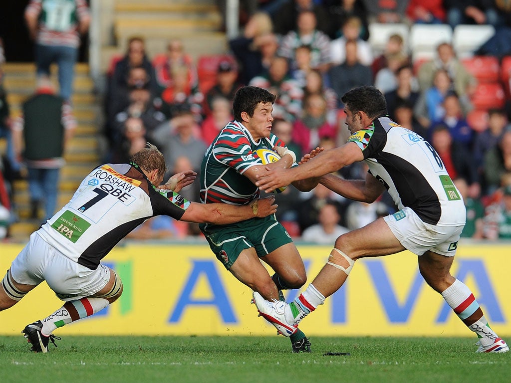 Tiger mauled: Anthony Allen of Leicester is tackled by the Harlequins pair of Chris Robshaw (left) and Nick Easter