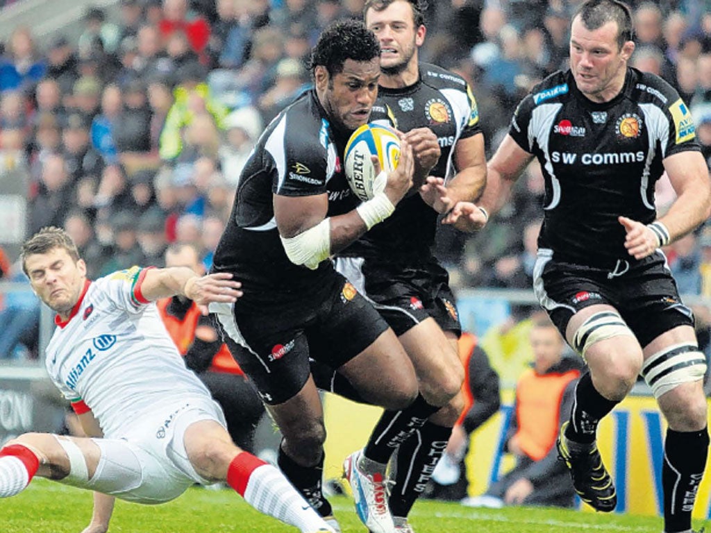 Sireli Naqelevuki scores Exeter’s try against Saracens