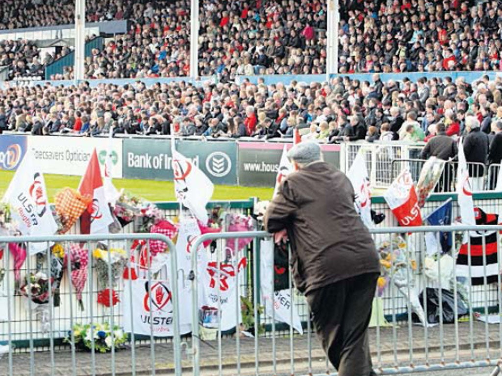 Rugby fans at Ravenhill mourn the death of Nevin Spence