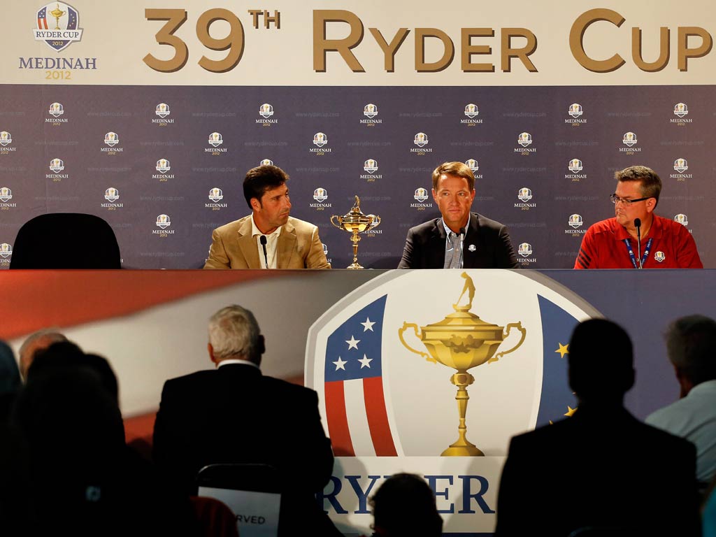 Jose Maria Olazabal (left) talks to the press