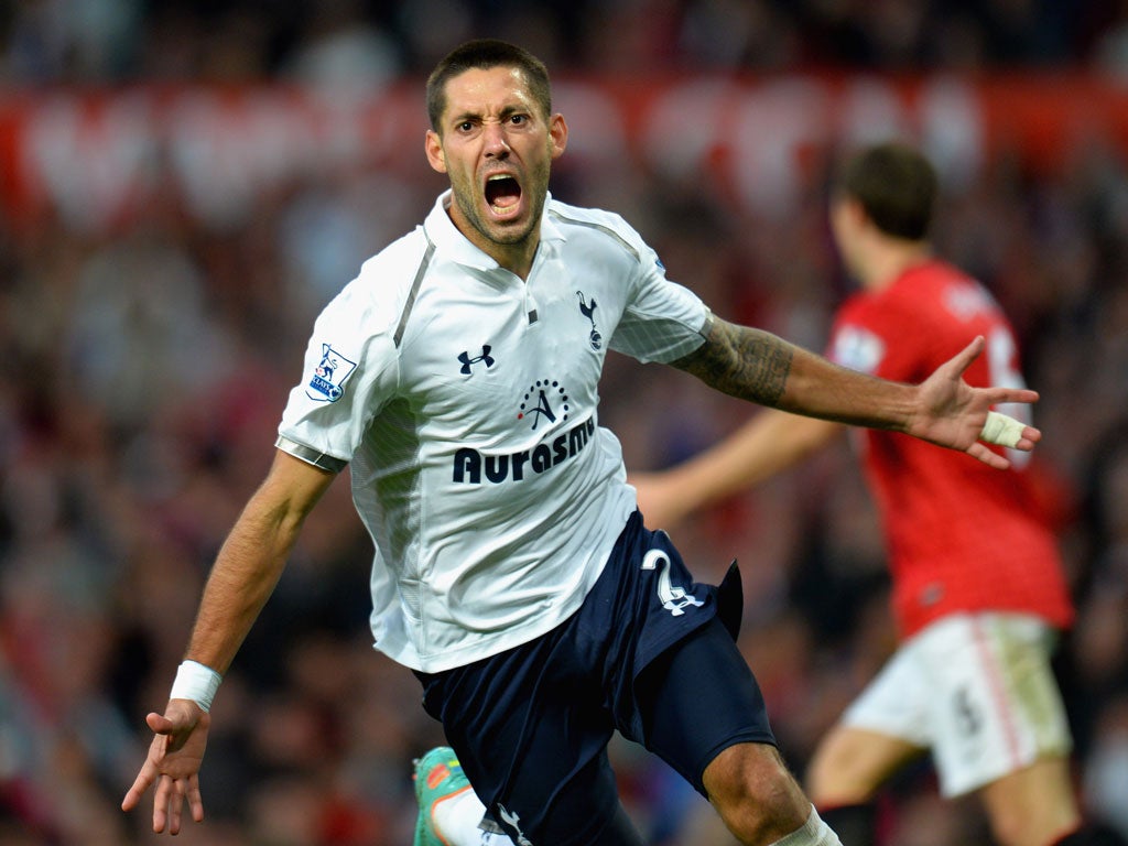 Clint Dempsey of Tottenham Hotspur scores his side's third goal