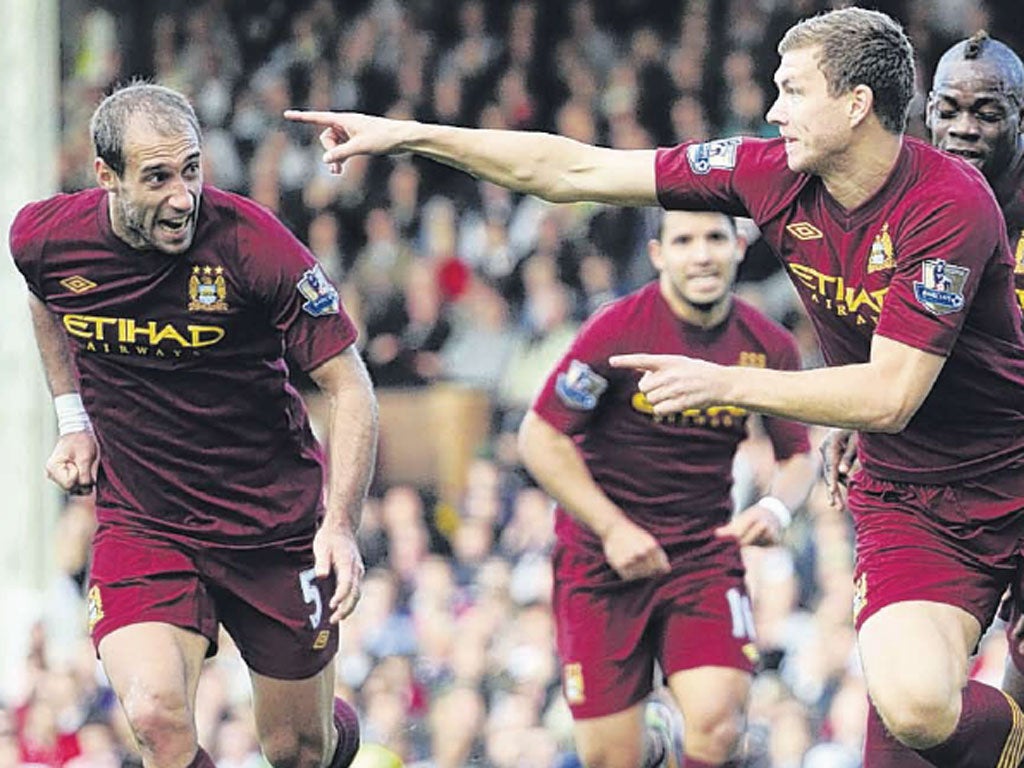 Edin Dzeko celebrates scoring City’s late winner on Saturday