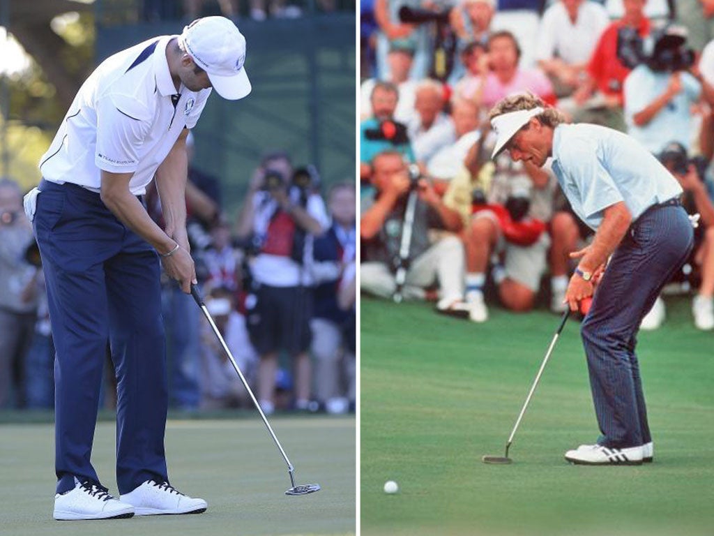 2012: Team Europe's Martin Kaymer of Germany takes his par (left); 1991: Bernhard Langer of Germany misses the vital putt