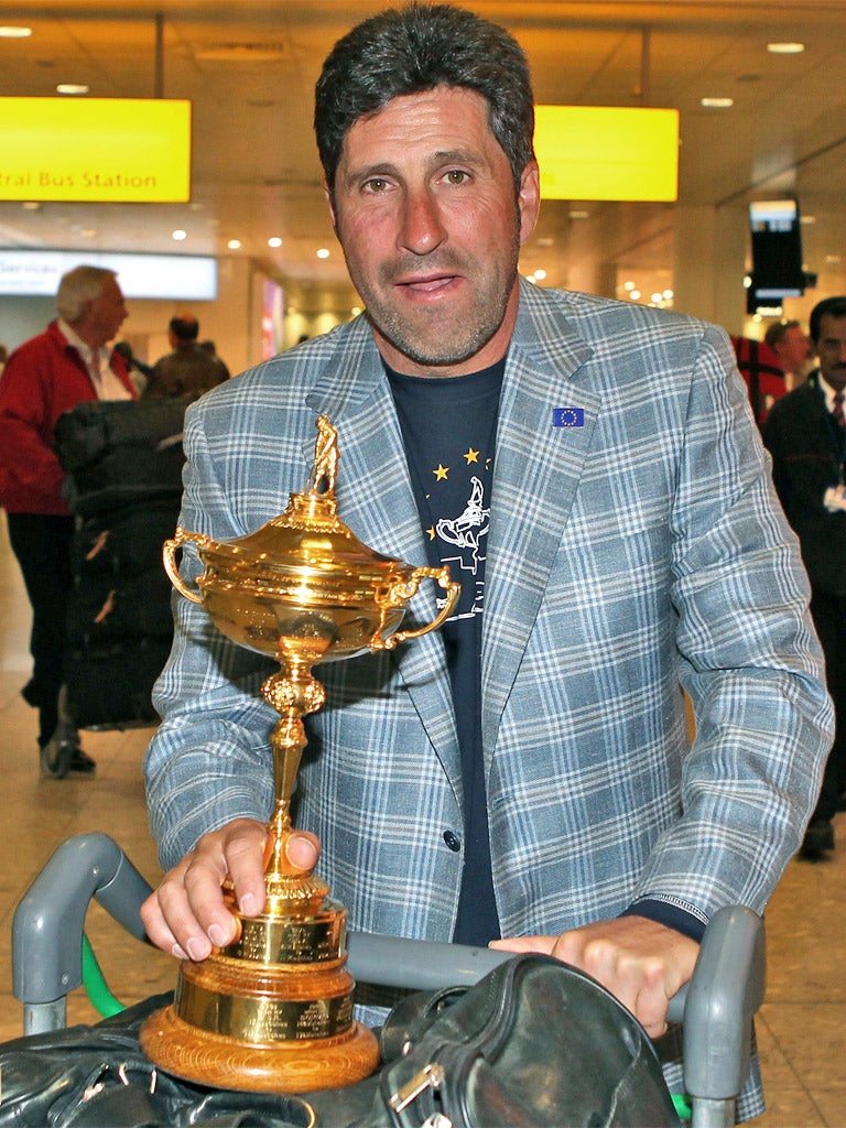 A tired Jose Maria Olazabal arrives at Heathrow yesterday