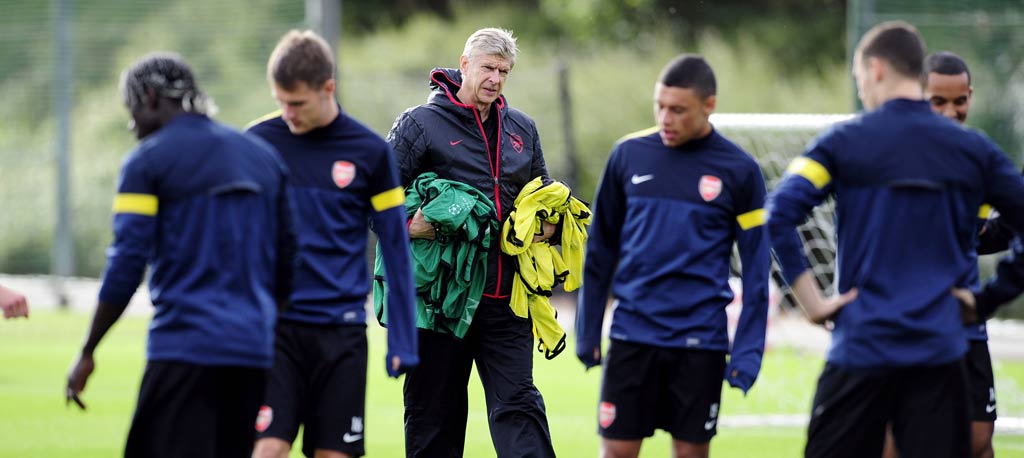 Arsene Wenger takes training at Arsenal