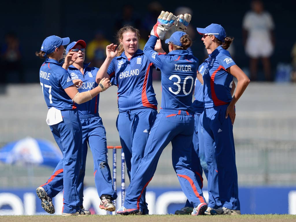 England's women celebrate during the victory over New Zealand