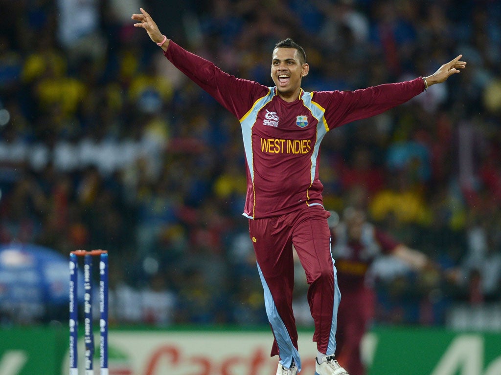 Sunil Narine of the West Indies celebrates dismissing Sri Lanka captain Mahela Jayawardene