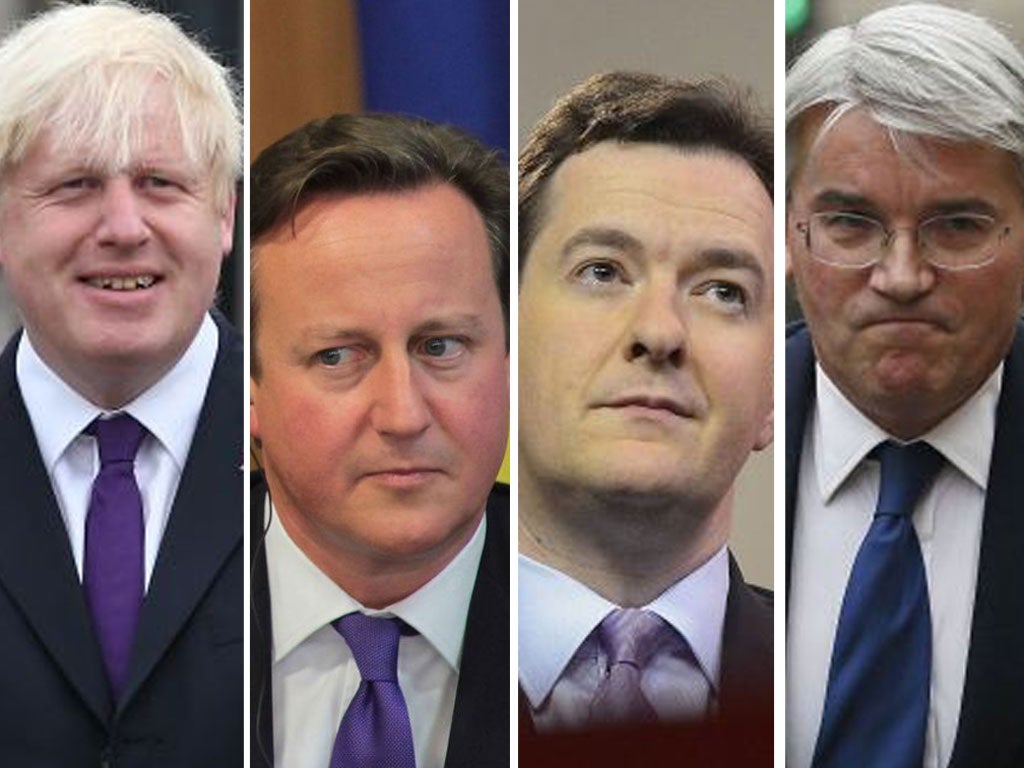 Tory's satisfaction ratings (from left): Boris Johnson: +91%, David Cameron: +1%, George Osborne: -7%, Andrew Mitchell: -74%