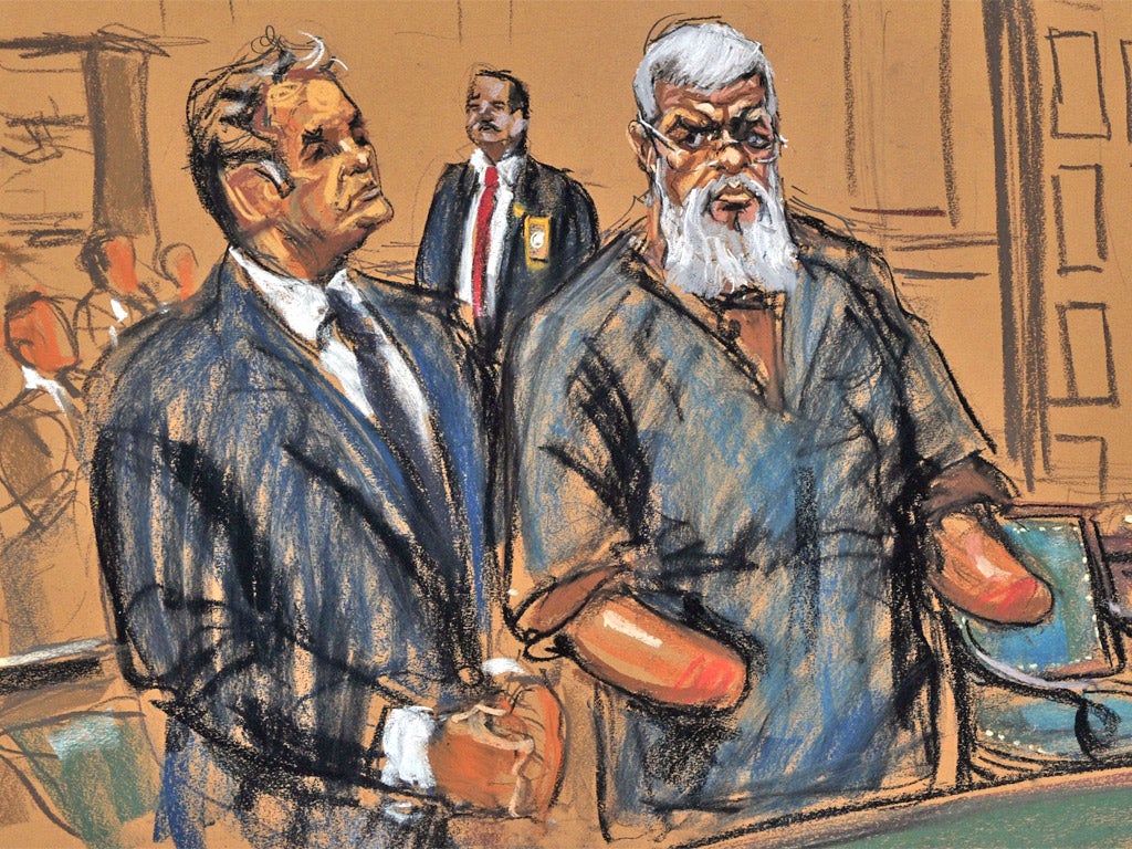 Abu Hamza depicted in a courtroom sketch from his arraignment hearing yesterday